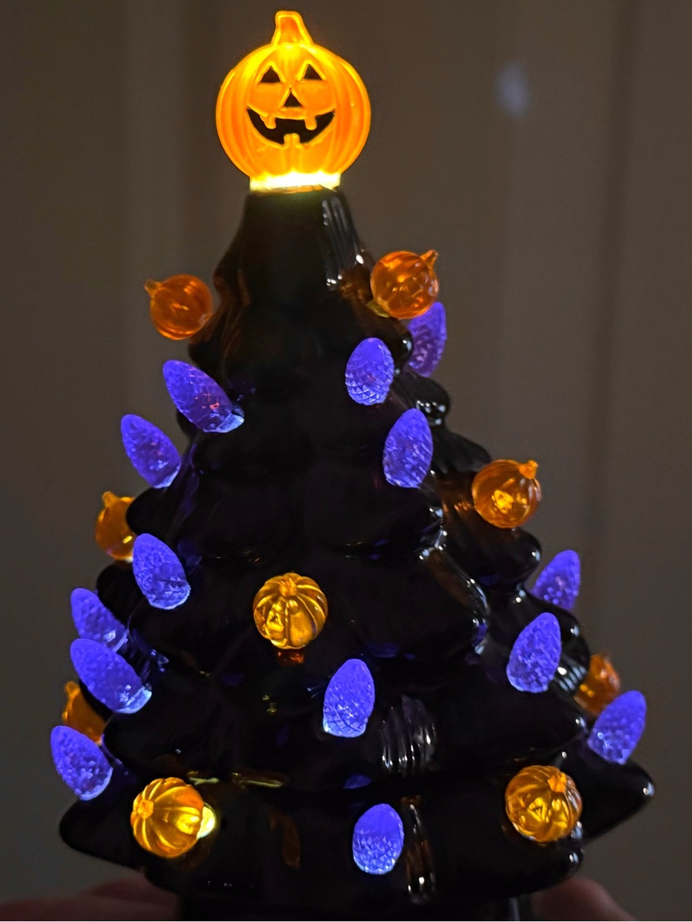 Mini Black Ceramic Halloween Tree Light Up Jack O'Lantern Topper 7 Inches